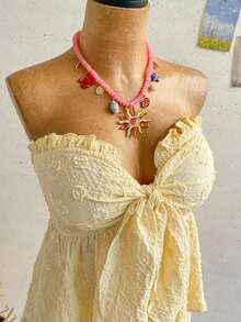 Set de 2 piezas para mujer con parte superior corta sin mangas con volantes y estampado de rayas y flores, y shorts casuales para verano, vacaciones en la playa y fiestas - Amarillo claro - Ver 3