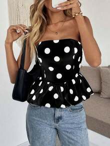 Top bandeau con dobladillo de peplum con estampado de lunares de moda para mujer - Negro - Ver 1
