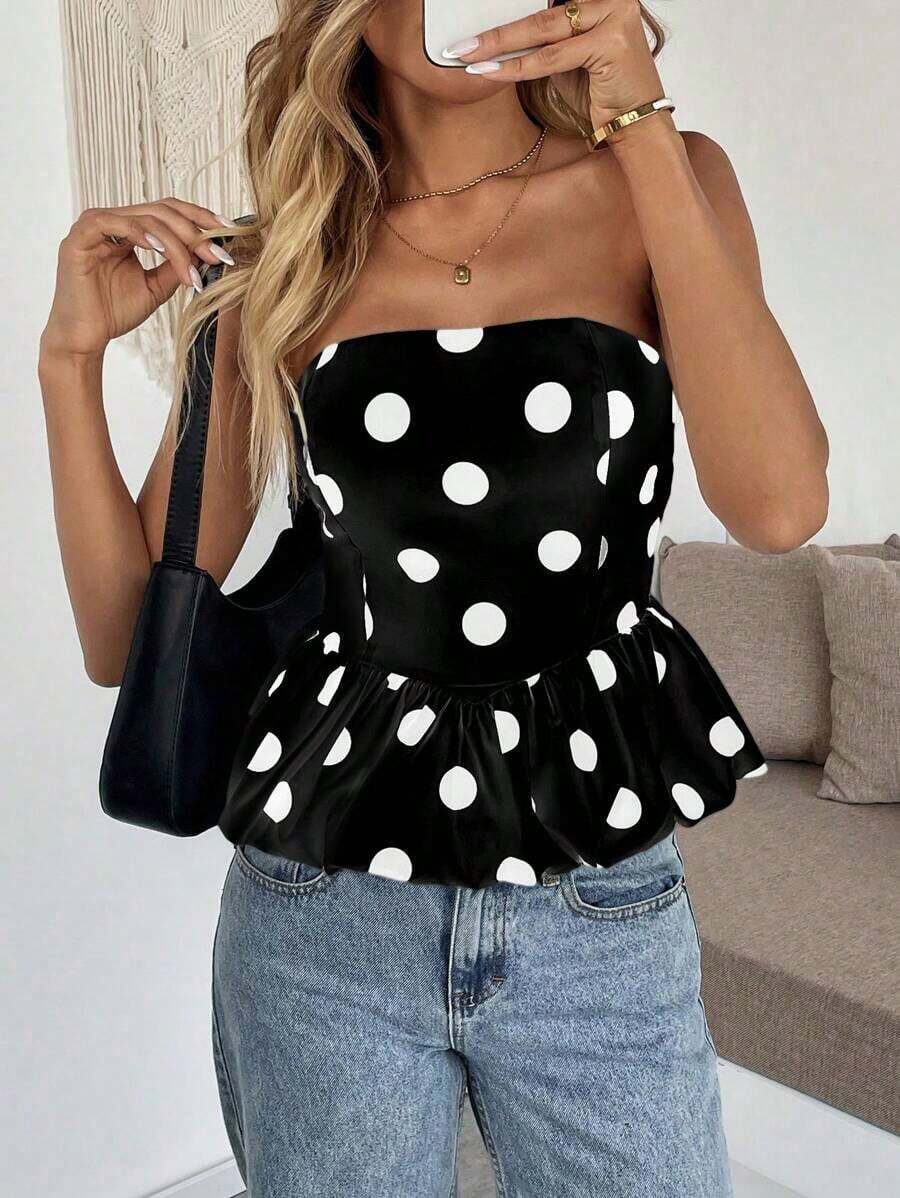 Top bandeau con dobladillo de peplum con estampado de lunares de moda para mujer - Negro - Ver 1