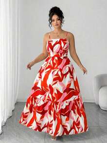 Vestido elegante de mujer talla grande con tirantes finos, cintura fruncida y diseño evasé, con estampado de hojas de dos colores, diseño evasé estilizador, elegante y sofisticado, adecuado para volver al colegio, graduación, San Valentín, festiva - Naranja 2 - Ver 3