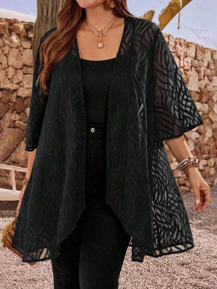 Chaqueta casual de apertura frontal con mangas 3/4 de jacquard para mujer de talla grande, para atuendos de vacaciones de otoño/invierno, atuendos de primavera, ropa de verano, vestidos de primavera, atuendos de primavera, ropa de primavera par - Negro - Ver 1