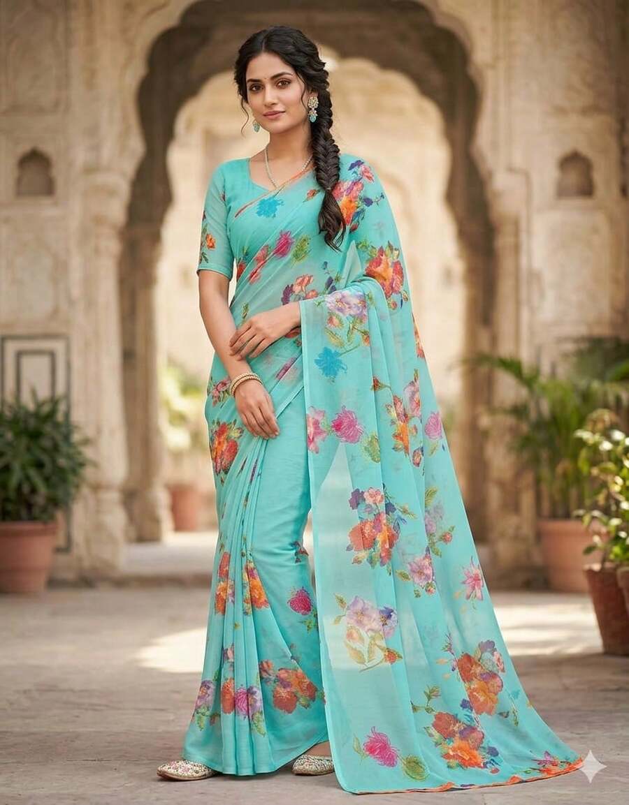 Estationeryhouse Chiffon Saree With Floral  Print In Pastal Colours, Blouse Not Included - Sky Blue - View 1