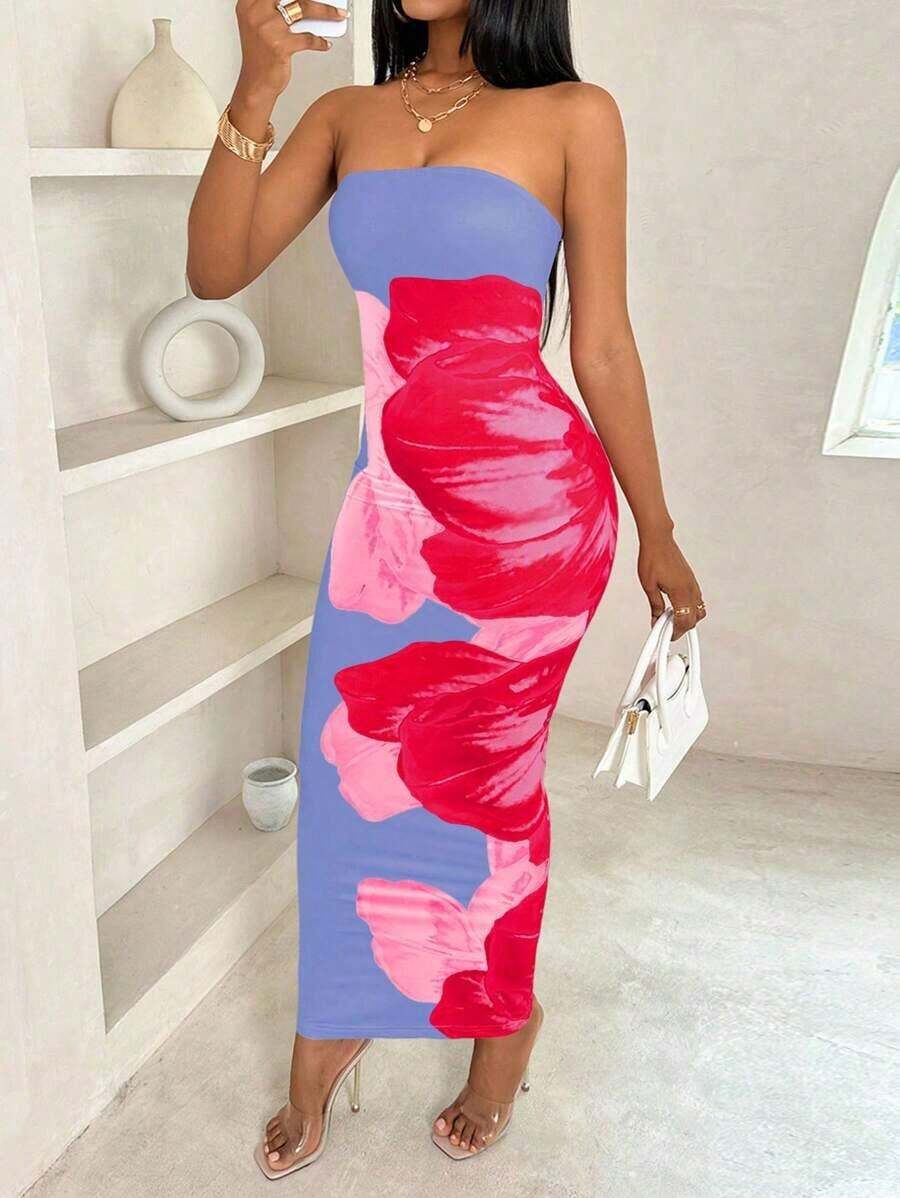 Vestido maxi floral estampado sin tirantes de moda para mujer - Azul 2 - Ver 1