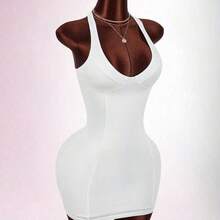 Y2K Sexy  Women's Solid Color Deep V-Neck Sexy Backless Mini Dress Summer Dresses For Women Spring Outfit Women Valentine Outfits For Women Party Dress Racerback Open Backless Sleeveless V-Neck Heart-Shaped Bust Mini Bodycon Dress Sexy Curve Dress White Sexy Dress Women Built In Bra Dress White Club Dress White Bodycon Dress - Blanco - Ver 8