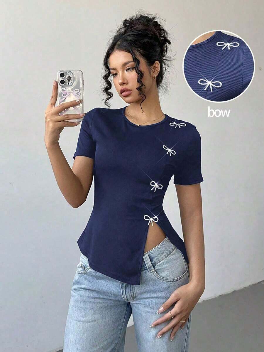 Camiseta de cuello redondo con abertura lateral y decoración de lazo con cristales para mujer - Azul - Ver 1