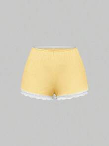 Conjunto de pijama casual de camiseta de tirantes acanalada y shorts con encaje - Amarillo - Ver 8