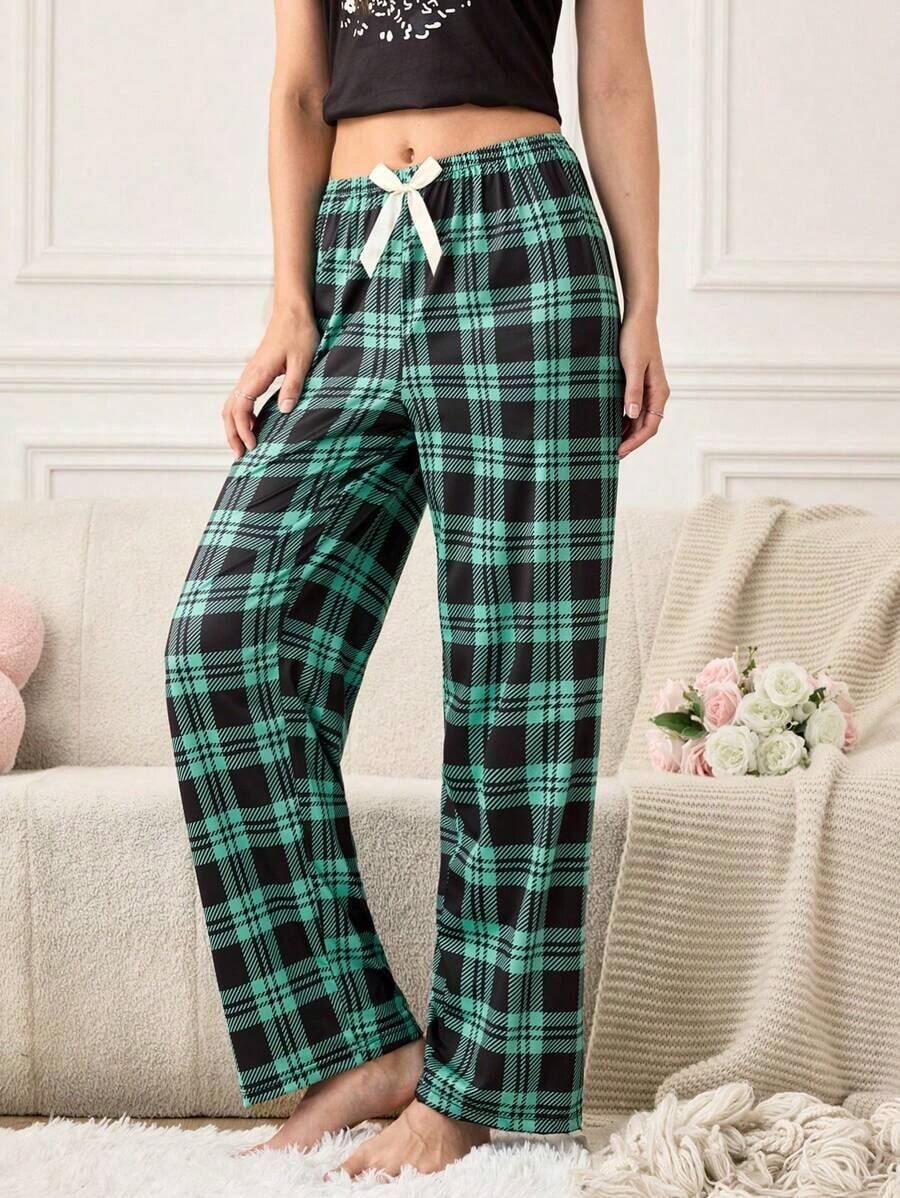 Pantalones de pijama holgados con lazo y estampado de cuadros para mujer, otoño e invierno - Verde - Ver 1