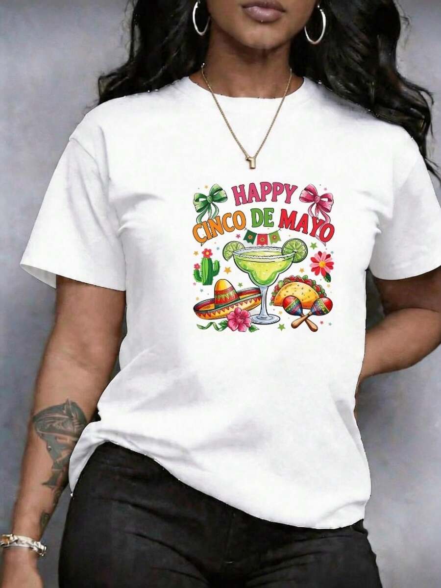 Camiseta de manga corta para Mujer, Elegante top estampado de leopardo y Flores que incluye coctel, sombrero mexicano, taco, maracas, cactus, lazos, banderines y estrellas, en Tallas Grandes Cuello Redondo Ropa, cuello redondo casual de manga, en Estilo Y2K casual para verano y primavera ropa de mujer, verano ropa, primavera verano ropa casual, Transpirable Lavable, cómoda y Transpirable, de Alta Calidad Ajuste Cómodo - Blanco - Ver 1