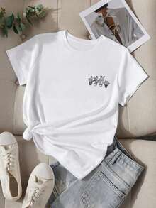 Camiseta de manga corta con estampado de cactus para uso diario y estilo casual ropa de mujer - Blanco - Ver 1