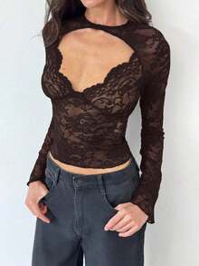 Blusa de manga larga con cuello en V profundo, transparente y con detalles de encaje negro para mujeres - Café integral - Ver 5