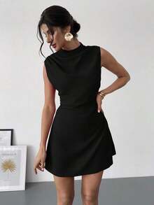 Vestido mini plisado de línea A elegante, minimalista, delicado, romántico y dulce para uso diario, boda, fiesta, festival de música y vacaciones, con camisola roja - Negro - Ver 2