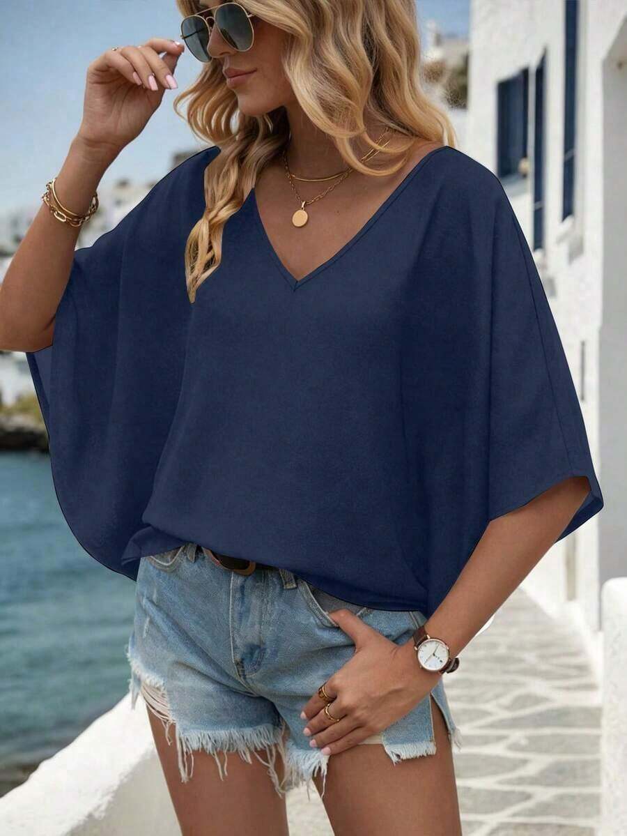 Camisa de manga corta de unicolor, cuello en V, holgada y casual para vacaciones - Azul marino - Ver 1