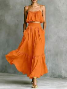 Bohemian Two-Piece Set For Women In Chiffon, With Short Camisole With Thin Straps And Long Skirt With Ruffled Hem. - Orange - View 2