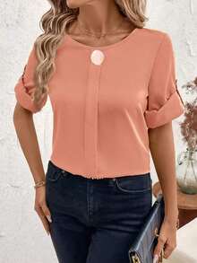 Clasi Blusa casual sencilla para uso diario con cuello redondo, manga corta y botones delanteros para mujer - Naranja Coral - Ver 2