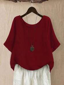 CURVE Blusa casual/diaria/de salida/simple/para viajar de manera relajada/que ilumina, de cuello redondo, de color verde pradera texturizada, talla grande, para primavera/verano - Rojo - Ver 1