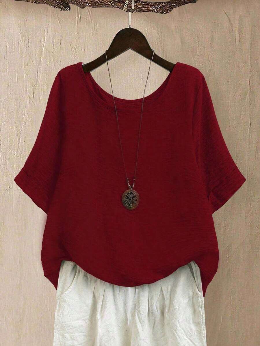 CURVE Blusa casual/diaria/de salida/simple/para viajar de manera relajada/que ilumina, de cuello redondo, de color verde pradera texturizada, talla grande, para primavera/verano - Rojo - Ver 1