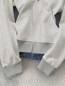 Chaqueta con capucha de manga larga, minimalista y casual de unicolor para mujer - Gris - Ver 3