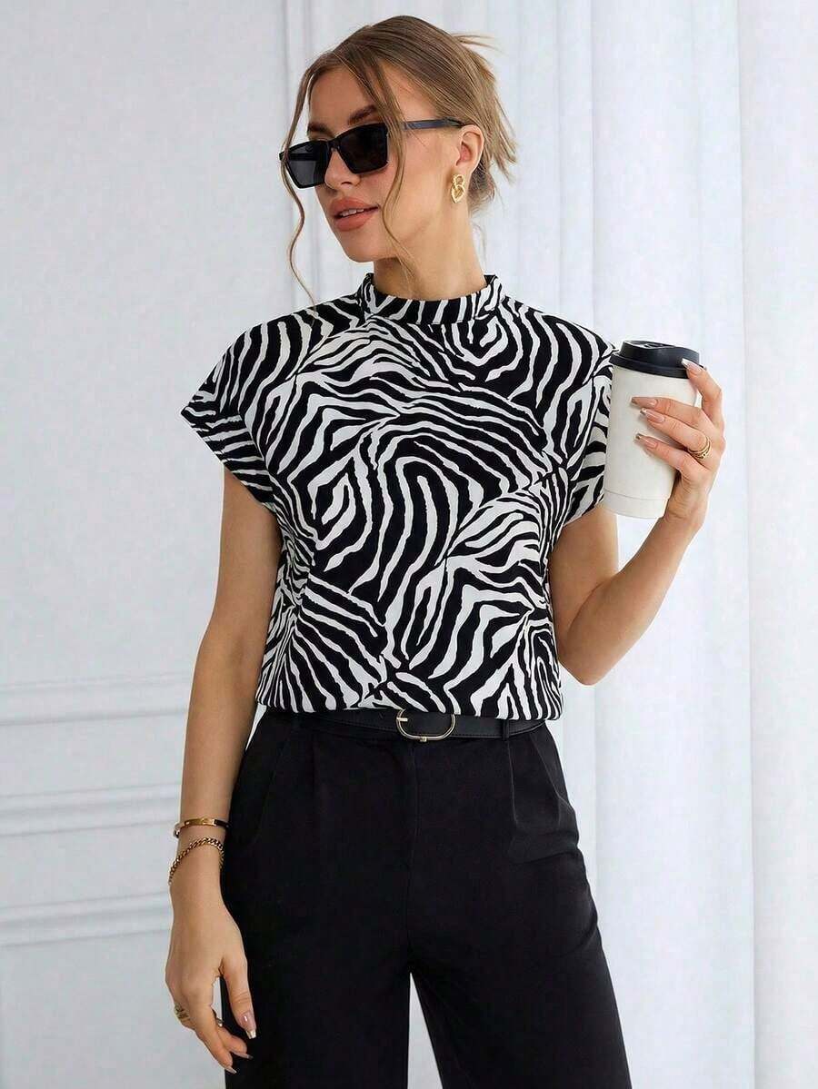 Camisa de mujer con estampado de leopardo, de verano, de manga ancha, para uso diario - Negro - Ver 1