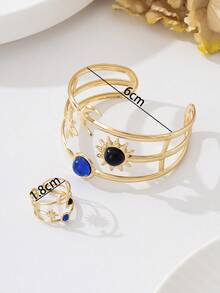 1 Set Glamorous Fashion Exaggerated Creative Metal Hollow Star Moon Rhinestone Inlaid Bracelet + Ring Jewelry Set, Versatile Daily Wear For Women - Yellow Gold - View 4