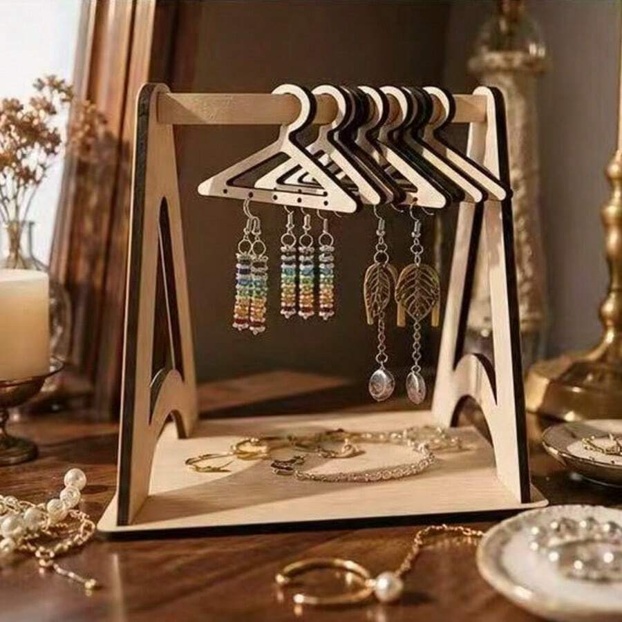 1 pieza Soporte multifuncional de madera para exhibir joyas, estante colgante de joyas compacto y creativo para escritorio, adecuado para pendientes, collares, pulseras, colgantes y almacenamiento y exhibición de otras joyas, diseño de estilo nórdico simple, base de madera estable - Color de vetas de madera natural - Ver 1