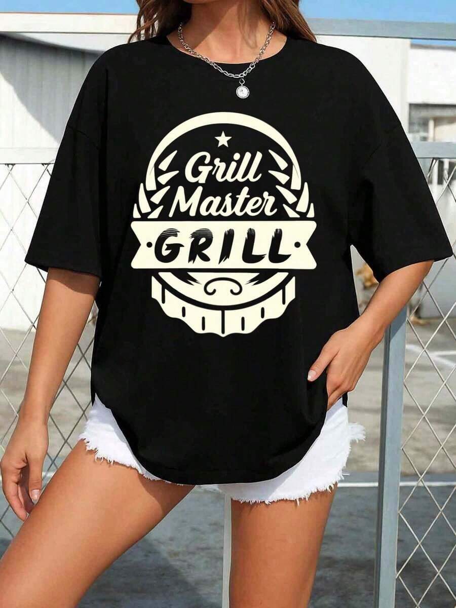 Women's Grill Master BBQ T-Shirt - Short Sleeve, Crew Neck, Black With Beige Grill Print And Logo - Lightweight Summer T-Shirt For BBQ Events, Casual Wear, Grilling Events - Limited Edition - 黑色 - 查看 1