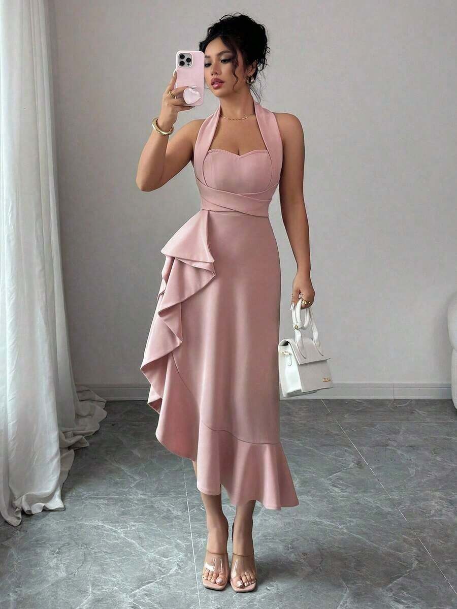 Vestido elegante y romántico para mujer con escote halter sin mangas, volantes en la cintura y bajo - Rosa vieja - Ver 1