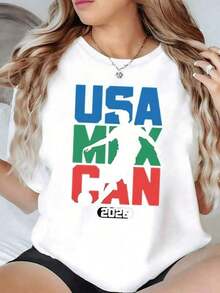White Footballer Figure Symbolizing The Bond Between Countries And World Cup Passion With Colorful Letters USA MEX CAN 2026 Representing Energy And Sporting Spirit. Women's Casual Modern Comfortable T-Shirt For Football Fans - 黑色 - 查看 5
