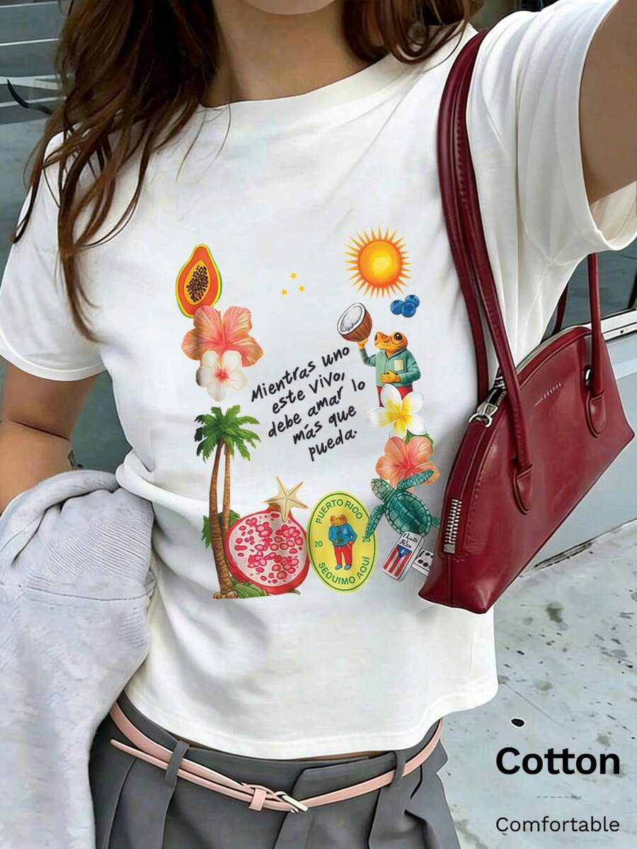 Puerto Rico Bunny "DtMF" Fun Frog Unique Print, Summer Fitted Regular Shoulder T-Shirt, Vacation Travel Beach - White 9 - View 1