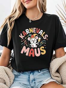 Women's German Carnival T-Shirt With Mouse Theme - Mouse With Clown Hat And Slogan Decoration, Casual Short Sleeve, Black, Festive And Fun Party Top - 黑色 - 查看 1