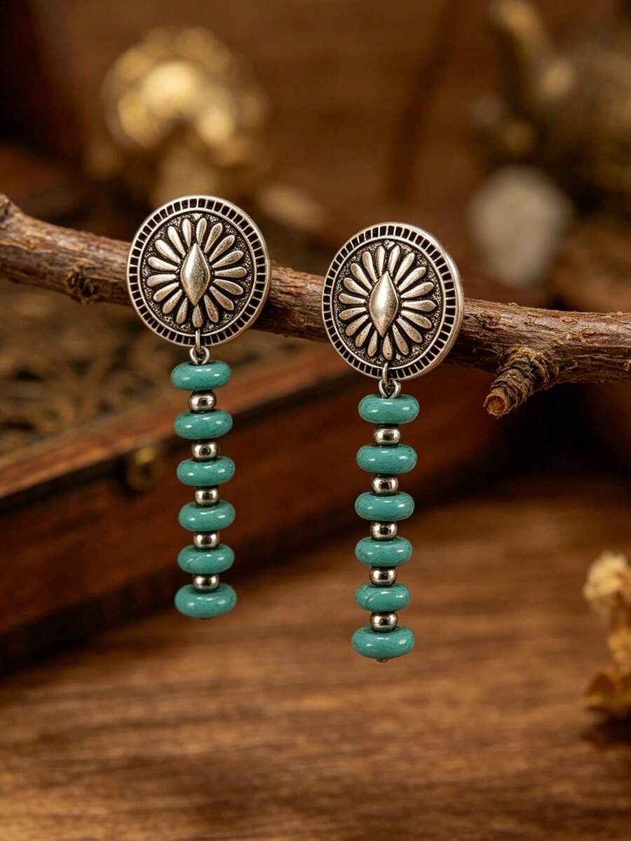 1 Pair Bohemian Style Sunflower Earrings, Long Synthetic Turquoise Beaded Earrings - Silver - View 1