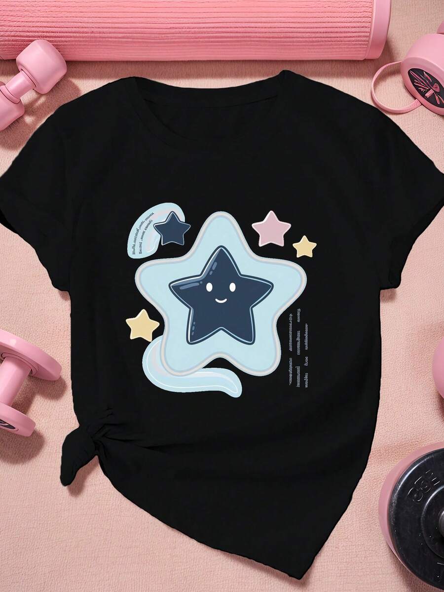 Women's Short Sleeve Sports T-Shirt With Pastel Star Illustration. A Very Distinctive Printed T-Shirt / Unisex Style / Suitable For Both Men And Women / Wrinkle-Resistant / Breathable - 黑色 - 查看 1