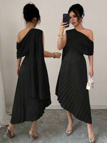 Vestido largo elegante de mujer con un hombro, de gasa, con pliegues brillantes, para primavera/verano - Burdeos - Ver 7