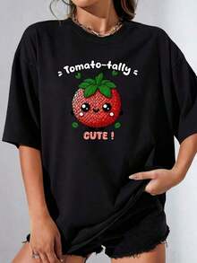 Lovely Tomato Women's Sets Women's T-Shirt 100% Polyester, Plus Size, Casual, Fun, Graphic Print, Short Sleeve, 1 Piece, Crew Neck, Novelty, Women's T-Shirts - 黑色 - 查看 1
