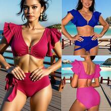 Nuevo bikini de cintura alta con volantes, estilo vintage, adelgazante y que disimula el abdomen, traje de baño push-up con escote en V profundo para mujeres en vacaciones. - Amarillo - Ver 3