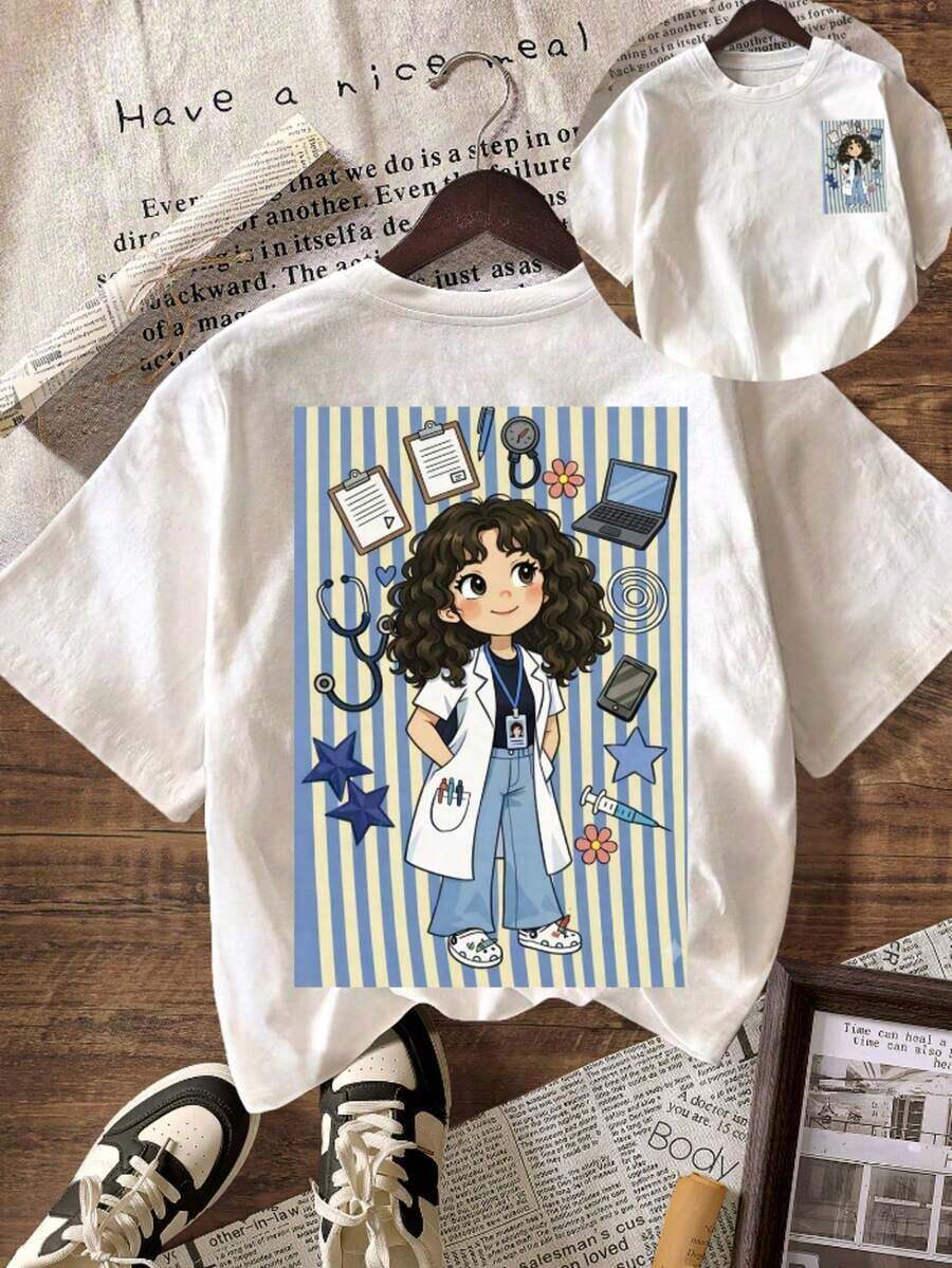 Top a la moda con estampado de dibujos animados de doctor, a rayas y lindo, ideal para el verano y la playa para mujeres, estilo casual. - Blanco - Ver 1