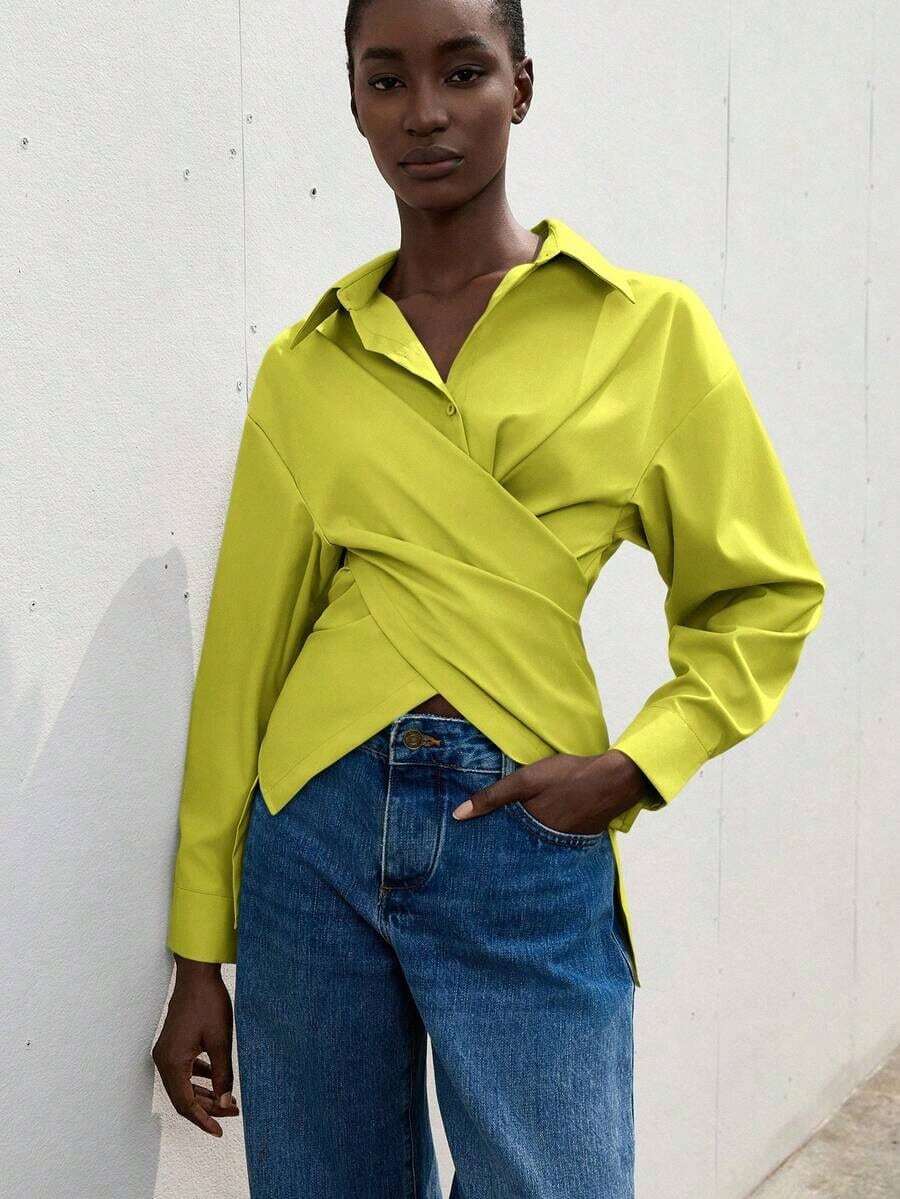 Aveloria Zanirela Camisa de trabajo con frente cruzado y envolvente sólido - Verde - Ver 1