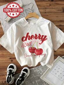 Women's Casual Short Sleeve Crew Neck T-Shirt - Sweet Cherry Red & Graphic Print, 100% Cotton, Machine Washable, All Seasons Comfort Fit, Ladies T-Shirts, Summer Playful Design T-Shirt, Comfortable Fit Spring Clothing Set, Soft Cotton, Print Top, Fashionable Cotton T-Shirt, Daily Comfort Style - 白色 - 查看 1