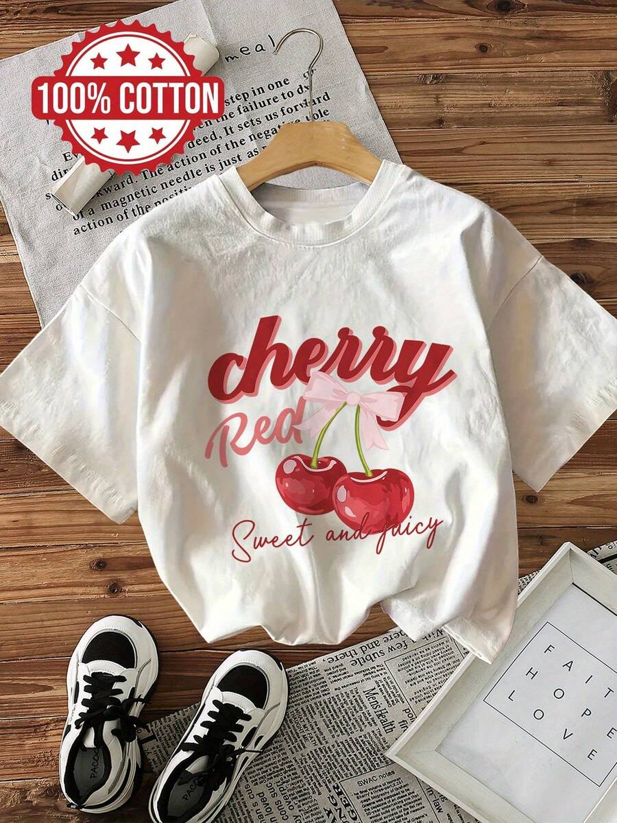 Women's Casual Short Sleeve Crew Neck T-Shirt - Sweet Cherry Red & Graphic Print, 100% Cotton, Machine Washable, All Seasons Comfort Fit, Ladies T-Shirts, Summer Playful Design T-Shirt, Comfortable Fit Spring Clothing Set, Soft Cotton, Print Top, Fashionable Cotton T-Shirt, Daily Comfort Style - 白色 - 查看 1