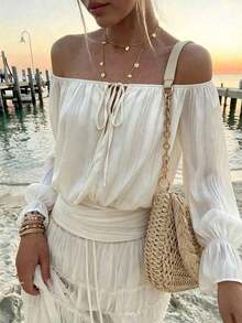 Lucivie Blusa blanca elegante y casual de hombros descubiertos para el verano - Blusa de manga larga con volantes y puños a rayas transparentes con lazo delantero, perfecta para vacaciones en la playa, fiestas y uso diario casual, conjunto elegante casual para vacaciones en la playa y eventos de noche, versátil para vacaciones de verano, fiestas y ropa de estar en casa - Albaricoque - Ver 5