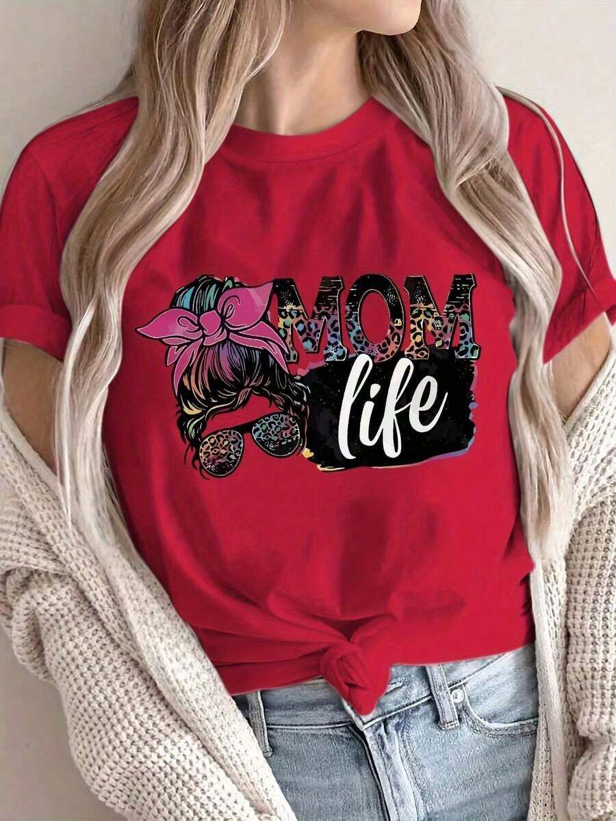 Short Sleeve T-Shirt For Mother's Day, "Mom's Life" Print, Round Neck, Casual Summer T-Shirt, Women's Clothing - [紅色的] - 查看 1