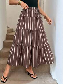 Falda casual de mujer con volantes y rayas, con cintura anudada - Marrón - Ver 5