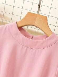 Vestido de verano para mujer de unicolor con mangas cortas, cuello alto, cintura plisada, para vacaciones y playa - Rosa - Ver 3