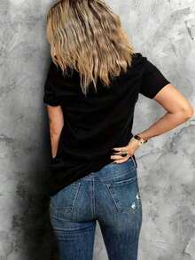 Camiseta con Estampado Gráfico de Vaqueros y Botas del Oeste, Manga Corta, Cuello Redondo, Estilo Casual para Verano y Primavera, Ropa de Mujer - Estilo Vintage Urbano, Unisex, Camiseta Holgada de Algodón de Manga Corta y Cuello Redondo - Negro - Ver 2