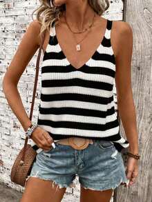 Parte superior de punto sin mangas de diseño hueco de unicolor para mujer, conjunto casual de ropa de punto informal, parte superior de cubierta de estilo bohemio para mujer, atuendo de verano bohemio chic para mujer - Blanco y Negro - Ver 3