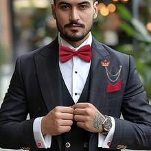 New Silk Bow Tie Set For Men, Available In 9 Colors, Includes Crown Flower Lapel Pin, Handkerchief And Cufflinks - A - View 10