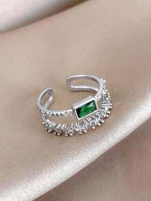 1 pieza Anillo de doble capa con diseño versátil y elegante de zirconia verde esmeralda - Plateado - Ver 3