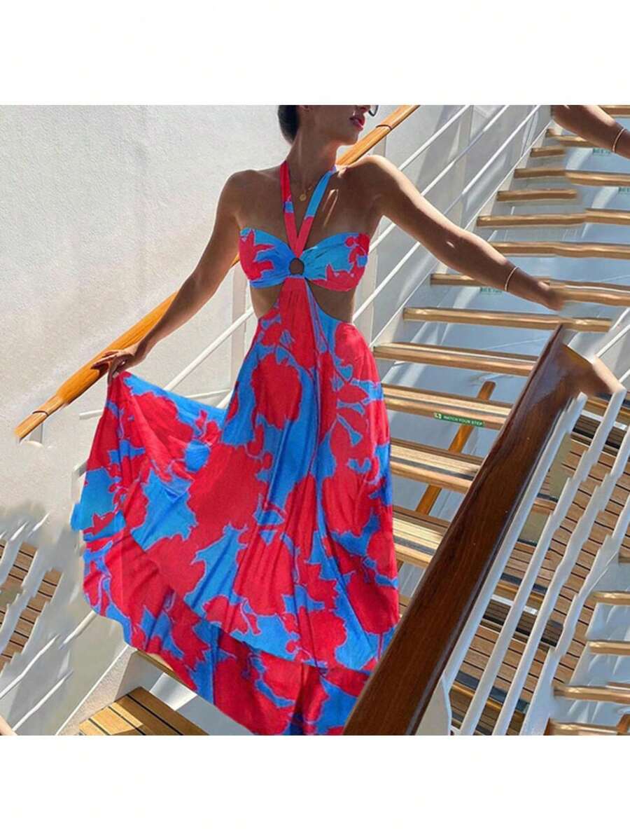 Women's Rainbow Tie-Dye Dress With A Flowing Maxi Skirt, Open Back, High Waist, Lightweight Fabric Ideal For Summer, Boho Beach Style Perfect For Vacations, Travel And Days At The Beach - 藍色 - 查看 1