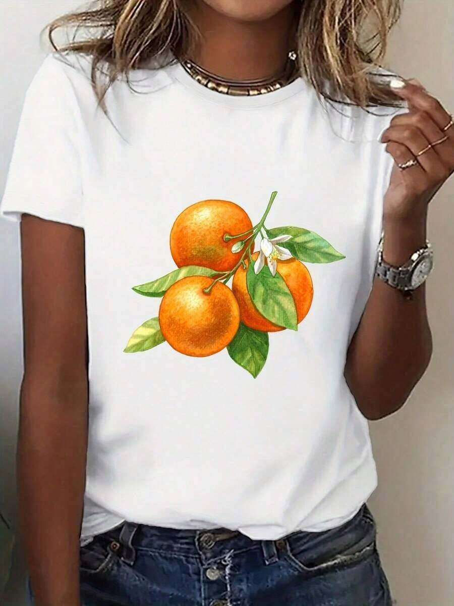 Camiseta Casual para Mujer - Camiseta Blanca Vintage de Corte Holgado y Transpirable para Uso Diario con Estampado de Frutas Naranjas (Naranjas y Hojas) - Camiseta Ligera de Estilo Retro para Conjuntos de Primavera y Verano - 100% Algodón - Resistente - Blanco - Ver 1