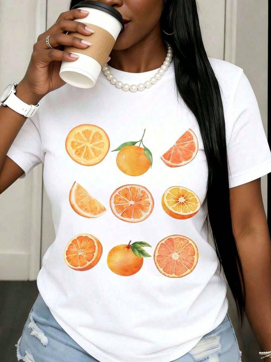 Camiseta Casual con Estampado de Frutas Cítricas para Mujer, Camiseta Blanca de Verano con Diseño Gráfico de Rodaja de Naranja, Top para Uso Diario, 100% Algodón, Resistente - Blanco - Ver 1