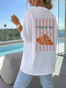 Camiseta Casual de Manga Corta para Mujer con Estampado de Croissants Brillantes y Rayas, Cuello Redondo, Top de Primavera/Verano, Ropa de Mujer, Ropa de Verano/Otoño, Ropa para el Día de San Valentín, Ropa de Mujer, Atuendo para Vacaciones - Blanco - Ver 11